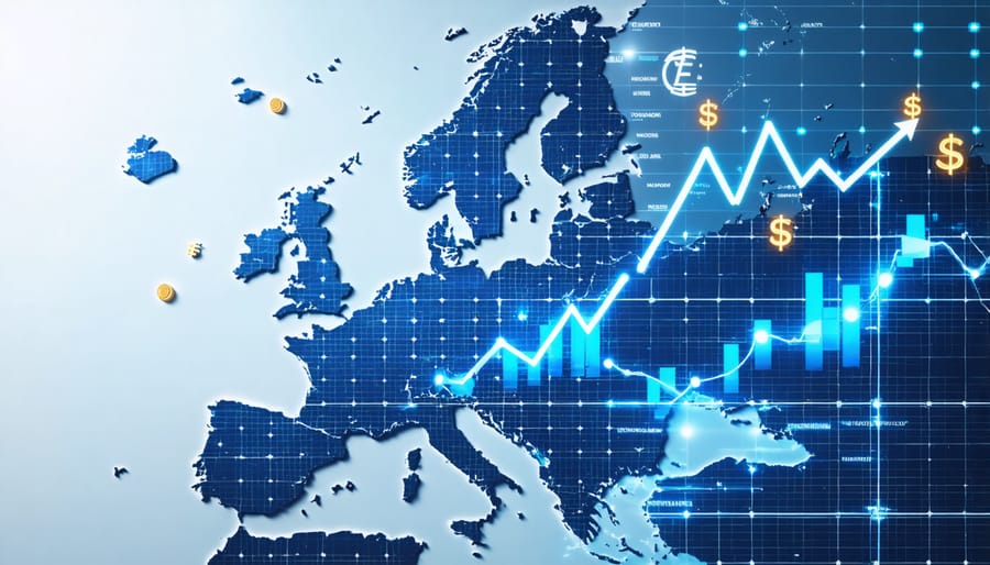 Conceptual illustration of solar panels combined with currency symbols and growth charts, showcasing Europe's innovative solar financing strategies.