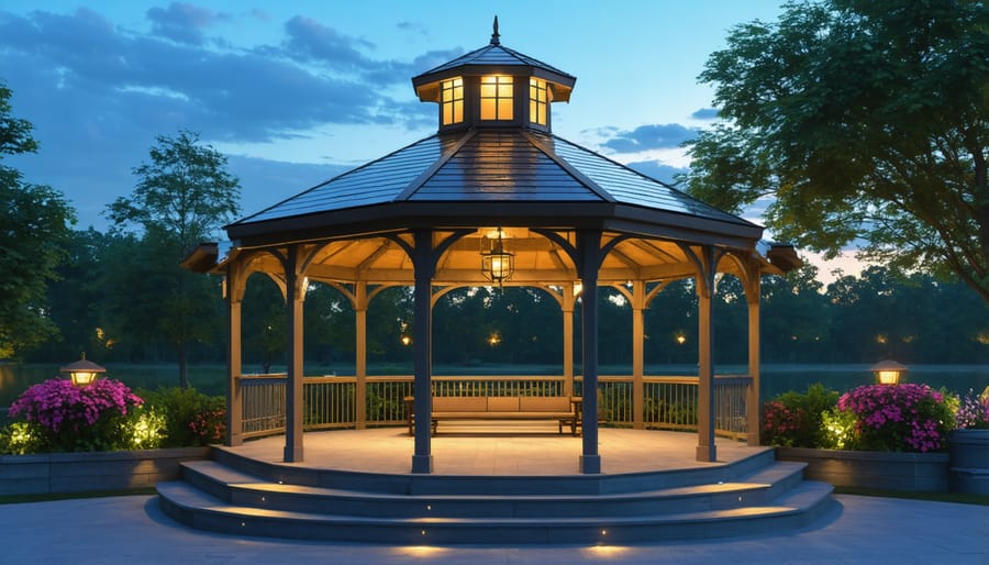 Modern gazebo with integrated solar panels and smart lighting system demonstrating sustainable outdoor illumination