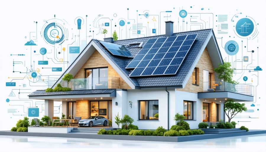 An illustration featuring a European-style home with an integrated solar panel roof. Digital elements indicate energy flow and smart technology, representing modern solar design and efficiency.