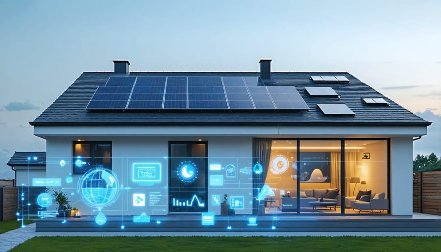 Smart solar installation on residential roof with digital monitoring interface