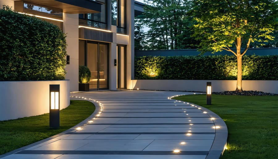 Modern home entrance at dusk illuminated by solar path lights and solar sconces, highlighting energy-efficient and stylish outdoor lighting.