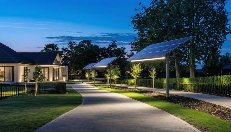 An evening view of a European residential and commercial environment, featuring solar-powered lighting illuminating pathways and buildings, with visible solar panels and a clear sky in the background.