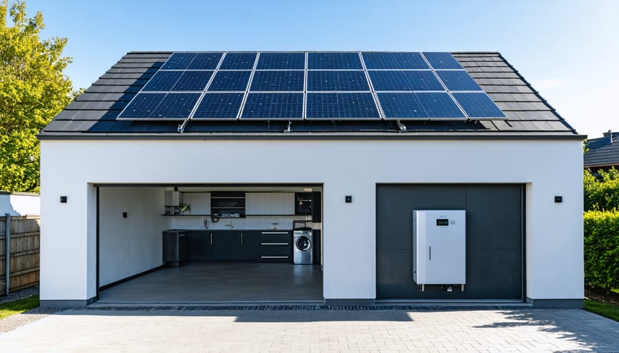 A European home with rooftop solar panels and a visible battery storage system in the garage, illustrating modern energy independence solutions.