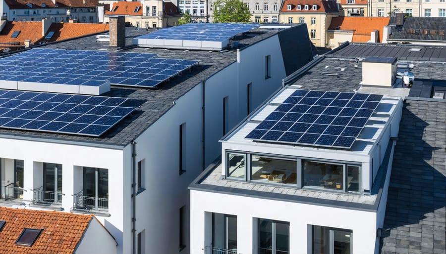 A futuristic European cityscape displaying buildings with seamlessly integrated solar panels on roofs and facades, highlighting the harmony of sustainability and architectural innovation in BIPV technology.