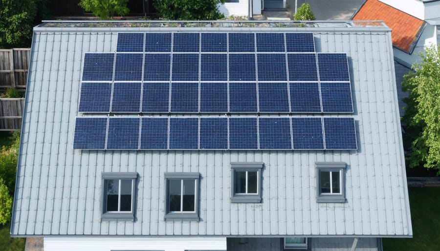 8kW solar panel array on residential roof with integrated battery storage system