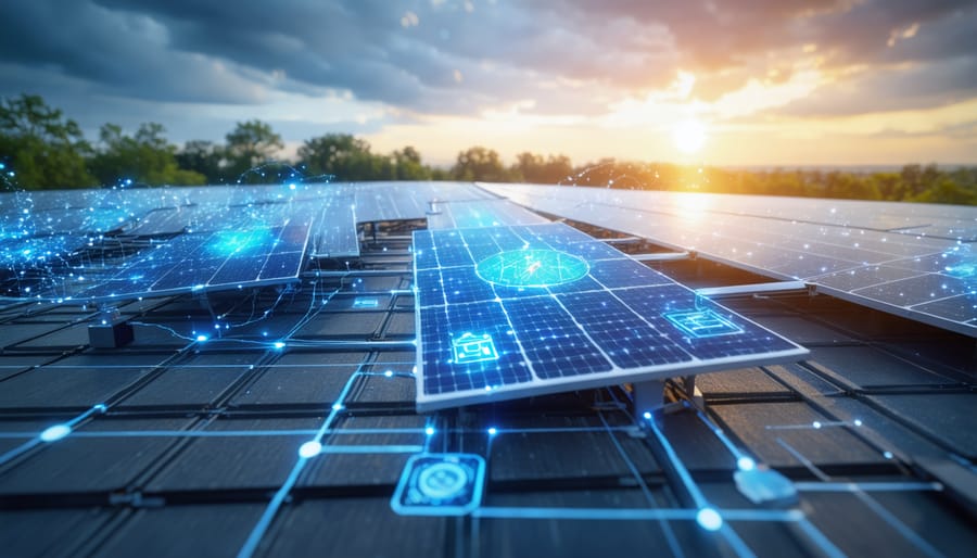 Conceptual illustration depicting a solar battery management system with energy flows between solar panels and batteries, featuring digital data visuals representing the system's efficiency and intelligence in managing renewable energy storage.