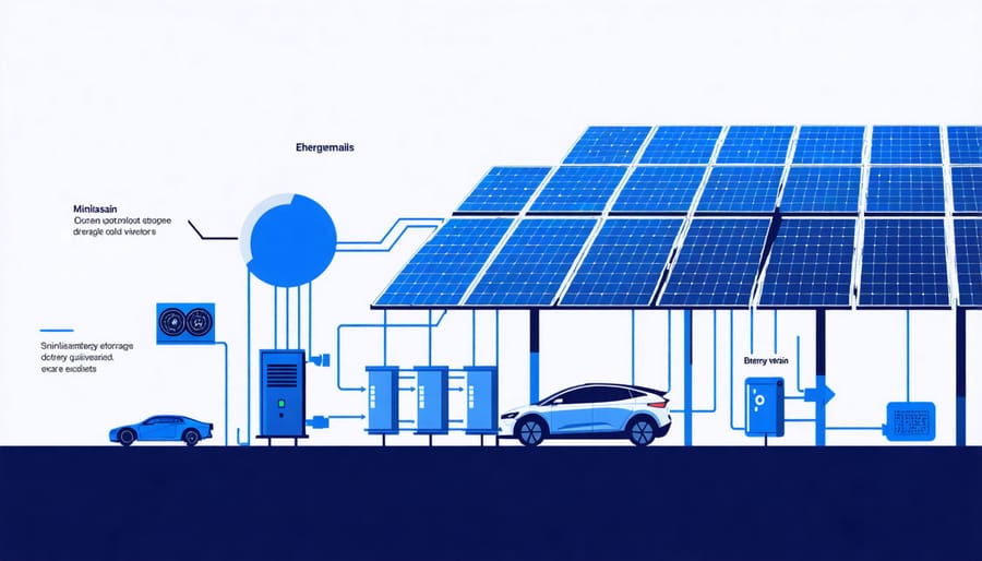 Technical diagram illustrating how solar energy is collected, stored, and used in electric buses