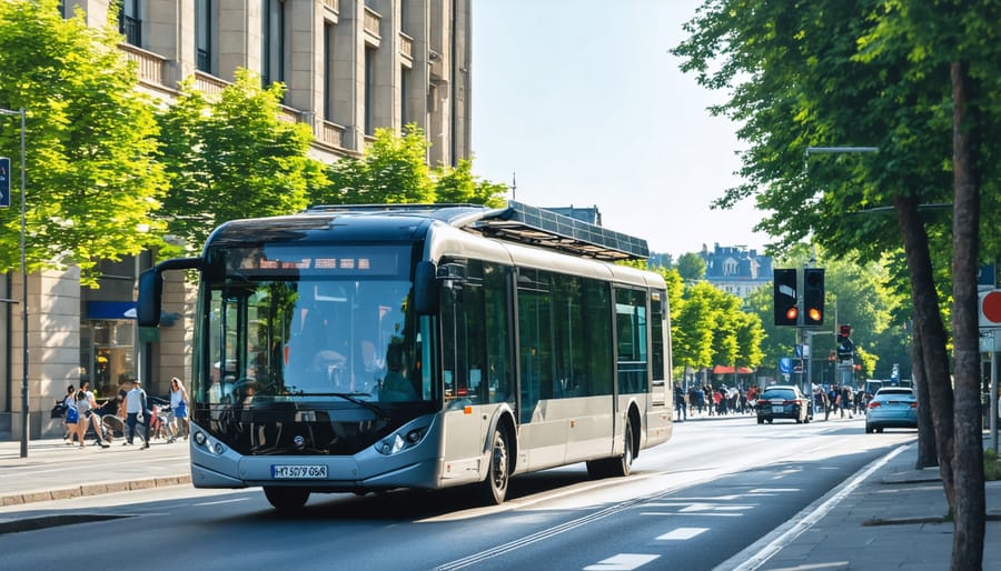 Modern solar-electric bus carrying passengers through a historic European city street