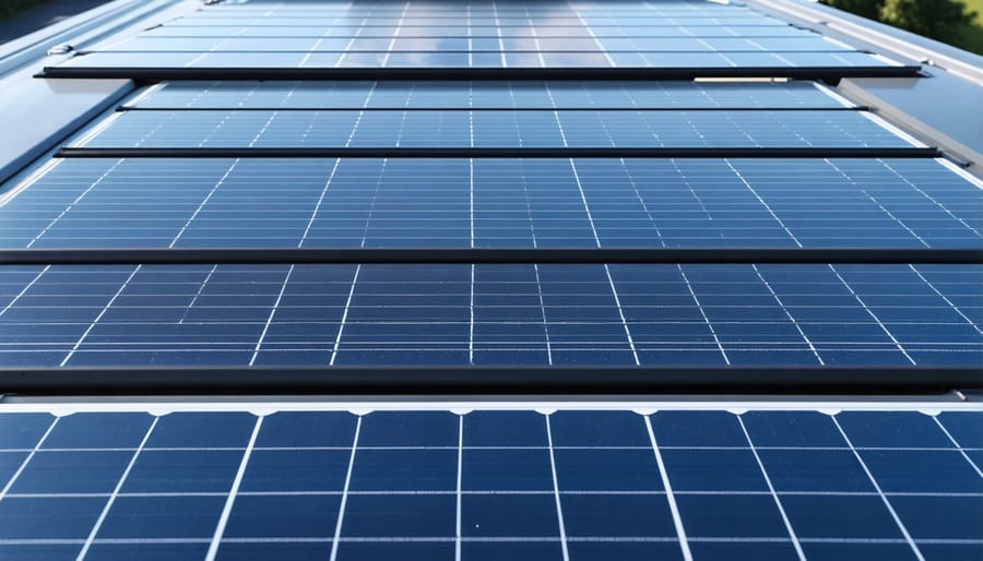 Solar panel array mounted on the curved roof of a public transit bus