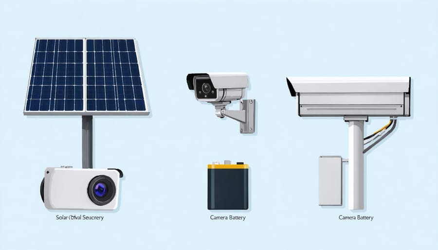 Technical diagram illustrating the main components of a solar-powered security camera system