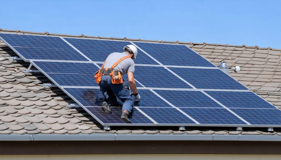 Installation process of solar collectors on residential rooftop