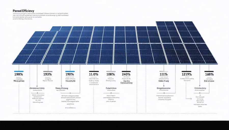 Line graph depicting the increase in solar panel efficiency percentages over time from 1950 to 2023