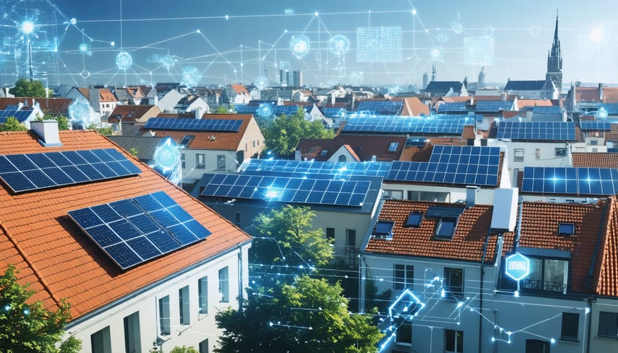 Conceptual cityscape illustration depicting a European city powered by solar panels and smart grid technology, highlighting energy resilience and sustainability.