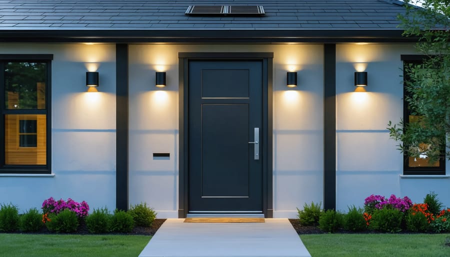 Elegant front door entrance illuminated by solar wall lights and post lamps