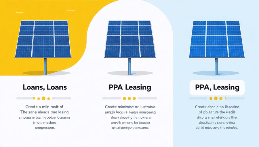 Comparative diagram of solar financing options showing loans, PPAs, and leasing structures