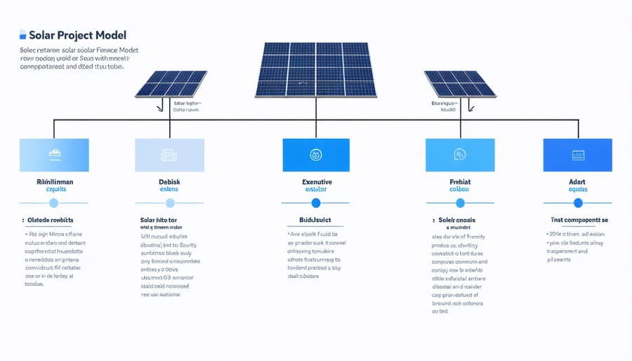 Diagram illustrating solar project financial structure with debt-equity ratio and cash flows