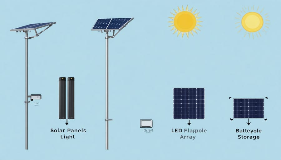 Exploded view diagram of solar flagpole light components and their connections