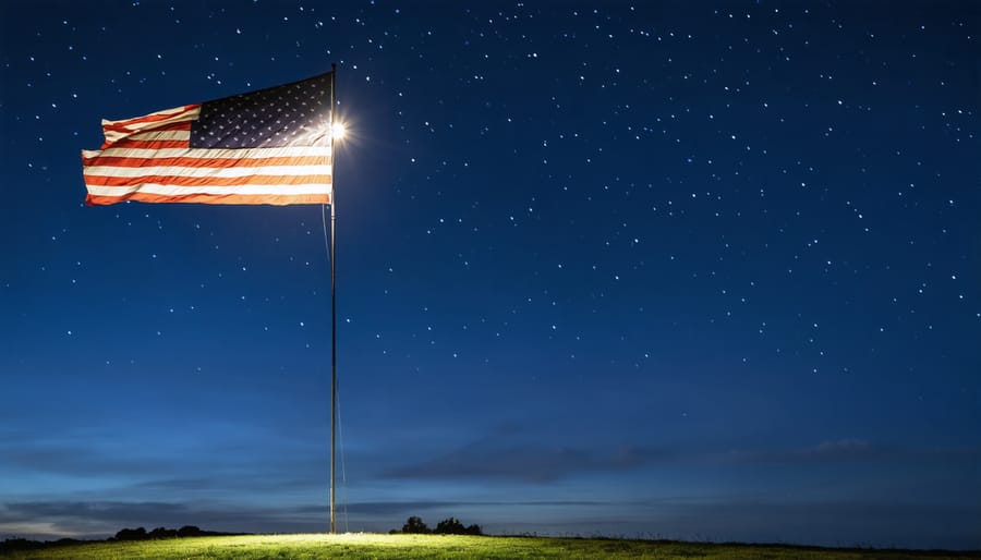 A flag brightly illuminated by a solar-powered spotlight, shining against a starlit night sky.