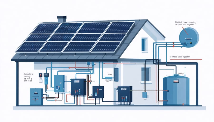 Technical illustration of solar heating system components and their connections