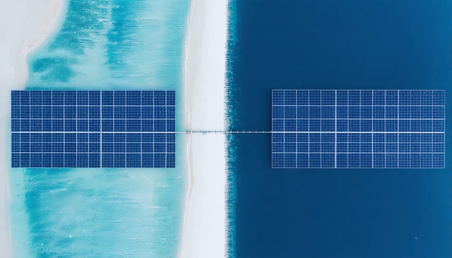 Side-by-side comparison of land-based and offshore solar installations showing spatial efficiency