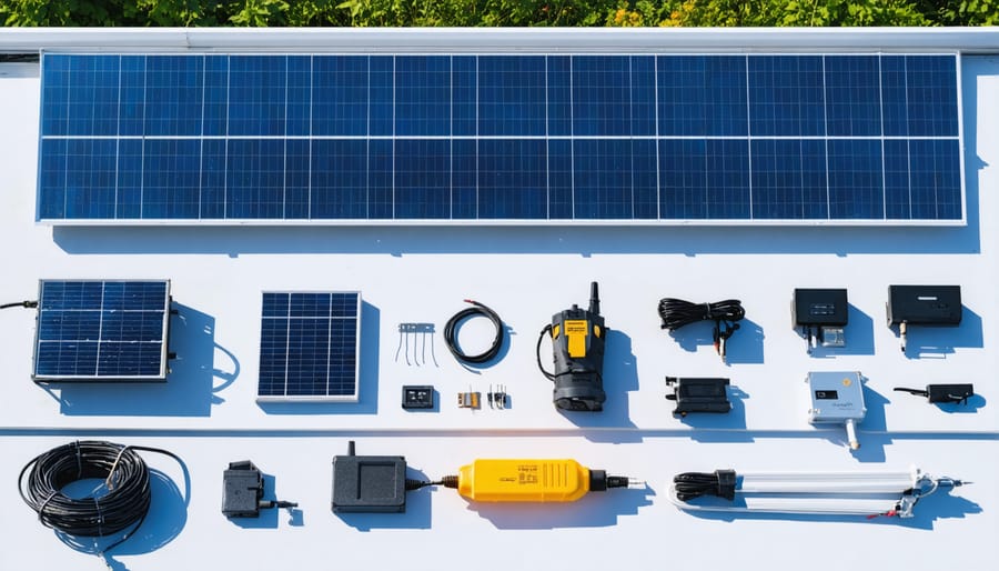 Organized display of solar panels, inverter, mounting hardware, and wiring components