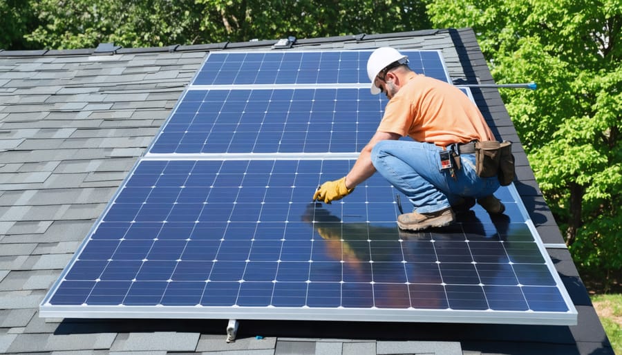 Solar technician installing panels on a home roof with safety equipment