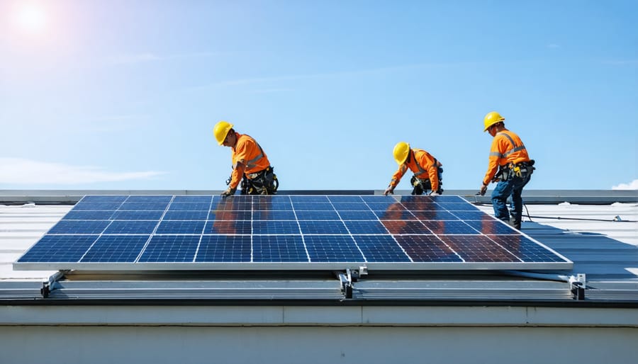 Professional technicians installing solar panels on a large commercial building roof