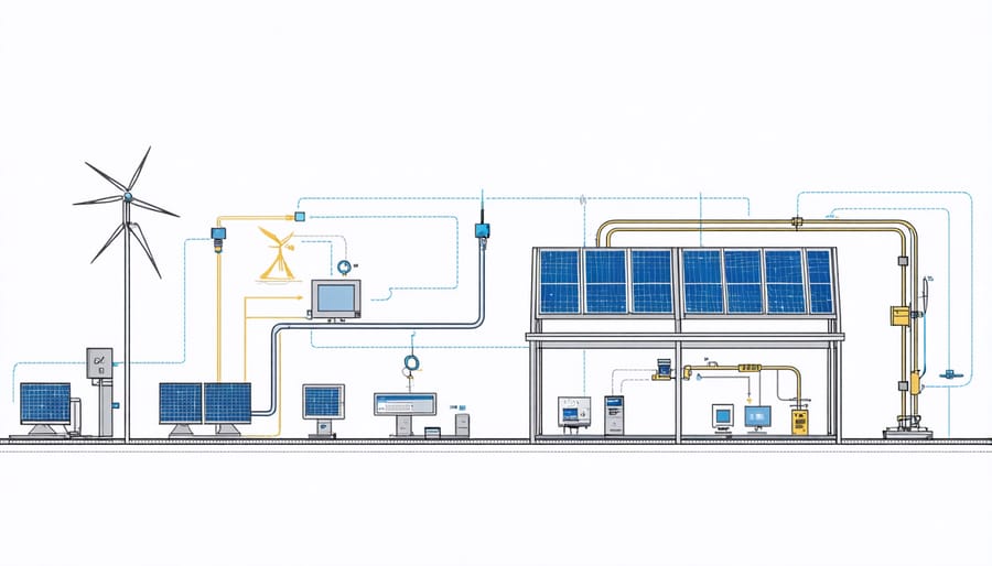 Schematic diagram of solar power system connected to industrial machinery