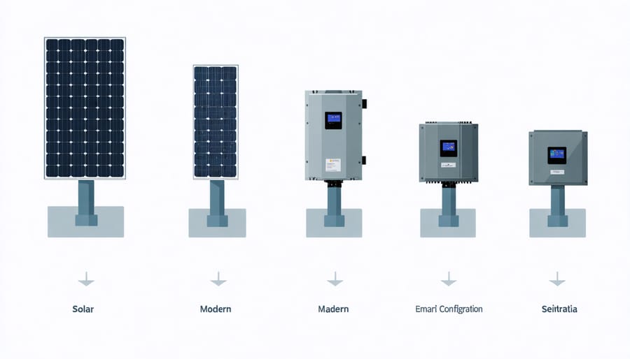 Evolutionary timeline diagram of solar inverter technology development from simple to advanced systems