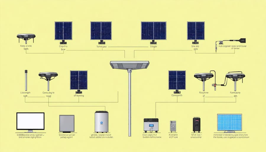 Detailed diagram showing solar panels, batteries, LED fixtures, and connecting components of a garage lighting system