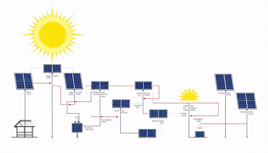 Technical illustration of solar light components including panel, battery, and LED elements