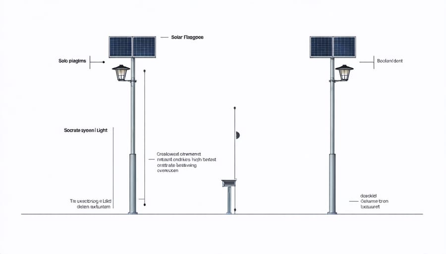 Technical illustration of solar panel, LED lights, battery, and control unit components