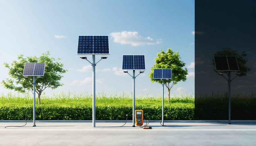 Conceptual illustration showing solar lights with photosensors, highlighting proper vs improper placement allowing for shadows and reflections, and tools for maintenance and diagnostics.