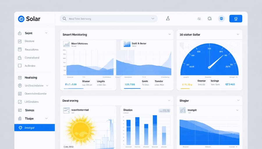 Digital dashboard displaying solar energy production, consumption, and system health indicators