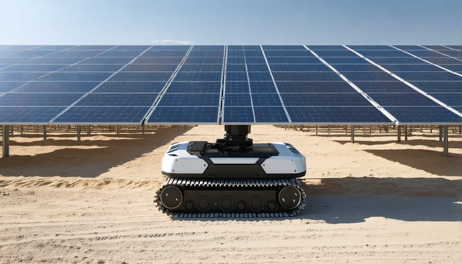 Automated cleaning robot working on desert solar panels