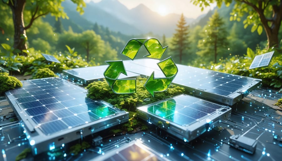 Digital artwork depicting the recycling process of a solar panel, with components like glass and silicon reimagined into new energy sources, set against a sustainable green landscape backdrop.