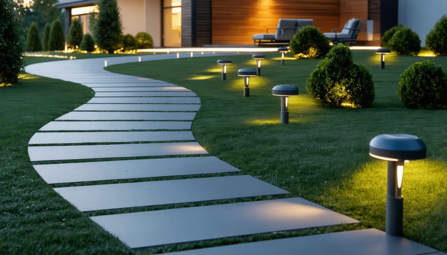 Illuminated garden path with modern solar lights leading to house entrance