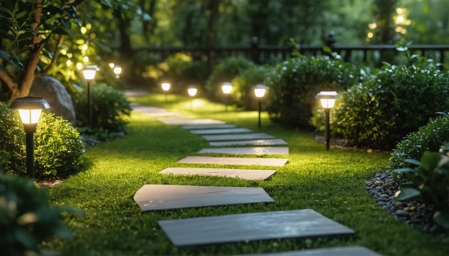 Garden pathway lit by solar lights showing optimal brightness for walkway illumination