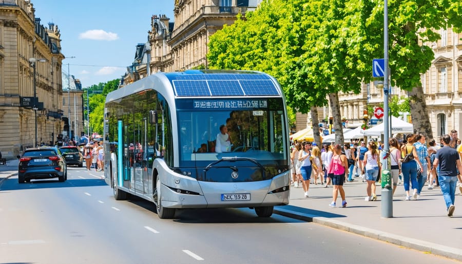 "A solar-powered bus with photovoltaic panels glides through a scenic European cityscape, showcasing the blend of modern sustainable technology with traditional architecture and urban greenery."