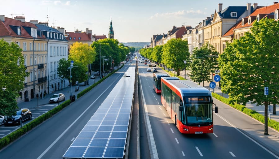 A vibrant European cityscape featuring a road embedded with solar panels, alongside electric buses charging and modern urban infrastructure, highlighting sustainable public transit and renewable energy integration.