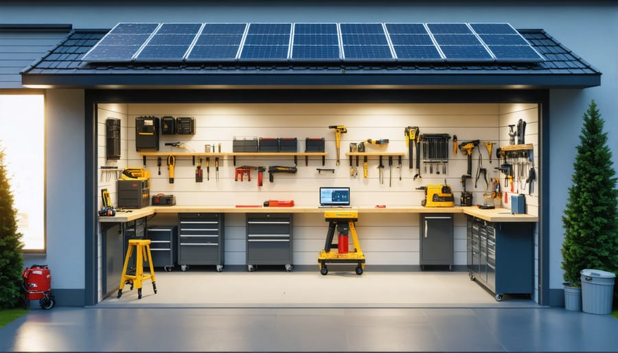 A solar-powered garage showcasing solar panels on the roof, LED lighting illuminating the interior, and smart controllers, highlighting the transformation into a sustainable and energy-efficient workspace.