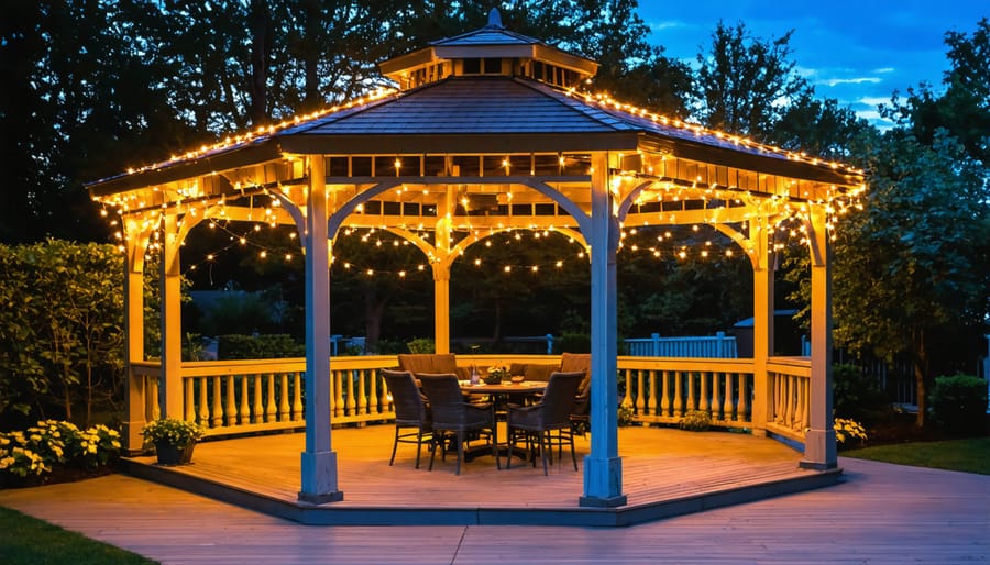 "A beautifully illuminated gazebo at dusk with solar-powered string lights and integrated solar panels, creating an inviting evening retreat."