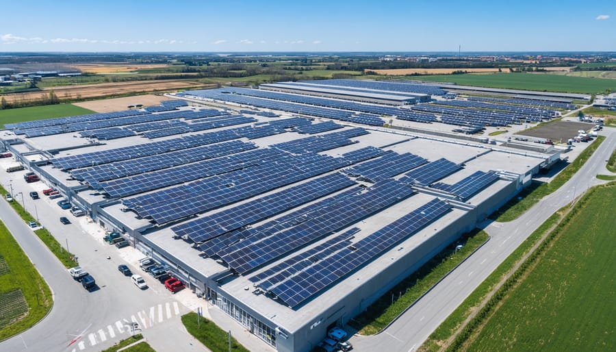 An aerial view of a European manufacturing plant featuring extensive solar panel installations on the rooftops and ground-mounted solar arrays, symbolizing sustainable industrial energy transformation.