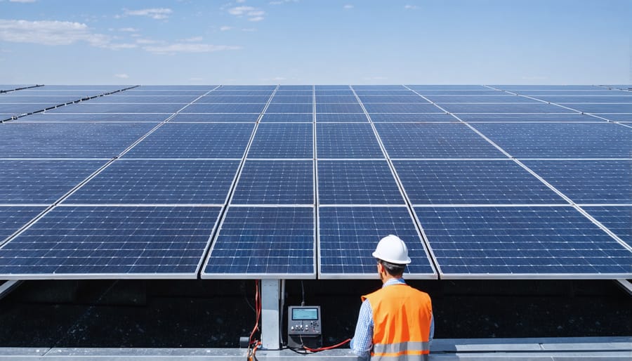 Solar technicians inspecting panels with monitoring equipment on a commercial solar installation