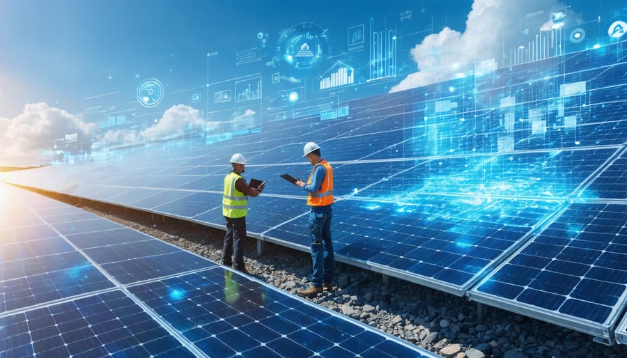 Technicians inspecting a large solar farm, with overlays illustrating financial safeguards like insurance and performance guarantees, set against diverse weather conditions, symbolizing comprehensive risk management.