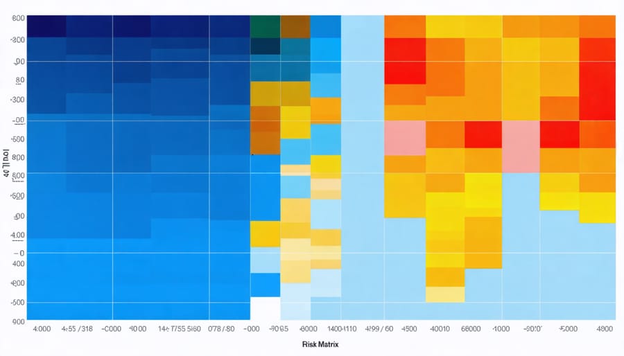 Risk assessment matrix displaying various solar project risks categorized by likelihood and severity