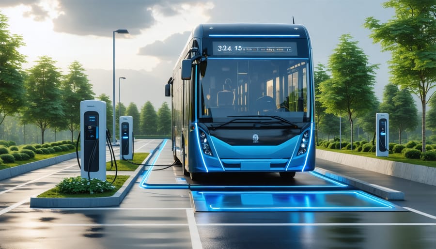 Modern electric bus connected to a charging station powered by adjacent solar road panels