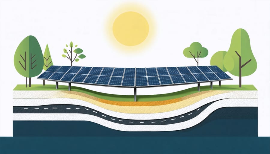 Technical illustration showing the various layers of a solar road panel including photovoltaic cells, protective glass, and underlying circuitry