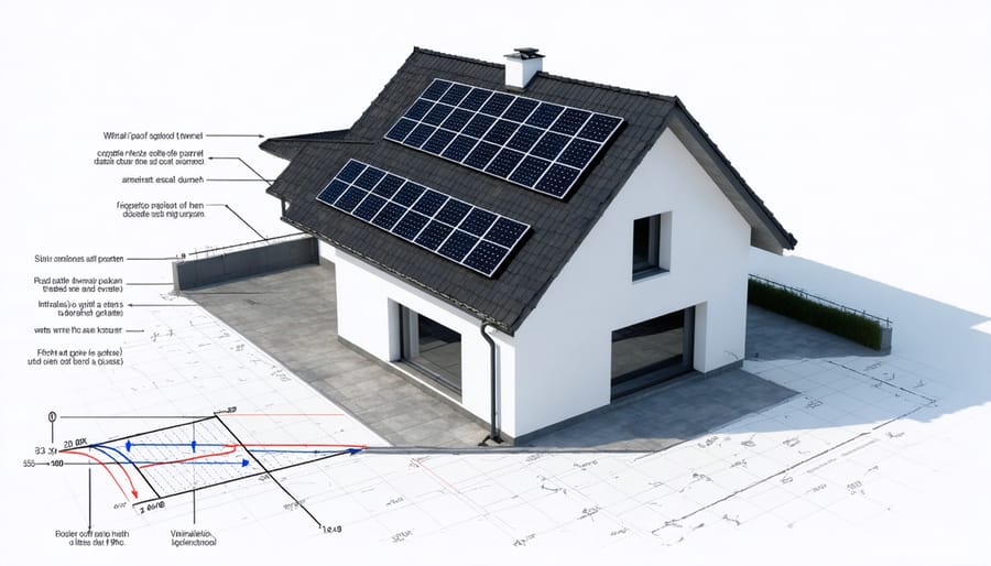 Computer-generated diagram showing solar panel placement angles and sun tracking across a residential roof