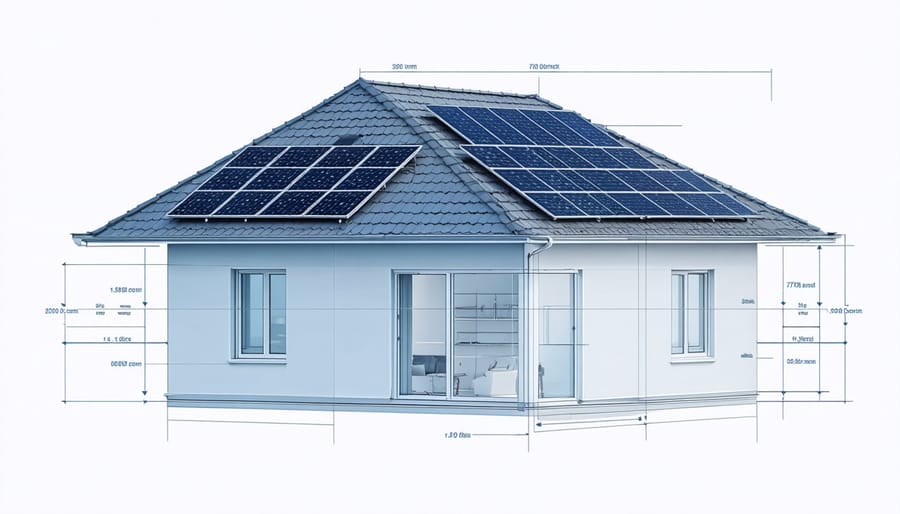 Technical diagram illustrating solar panel placement and orientation on a residential roof